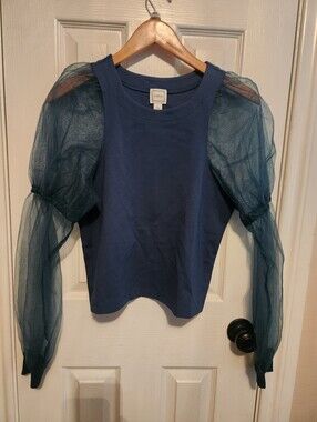 Maeve Embroidered Sheer-Sleeve Pullover Size Small Green